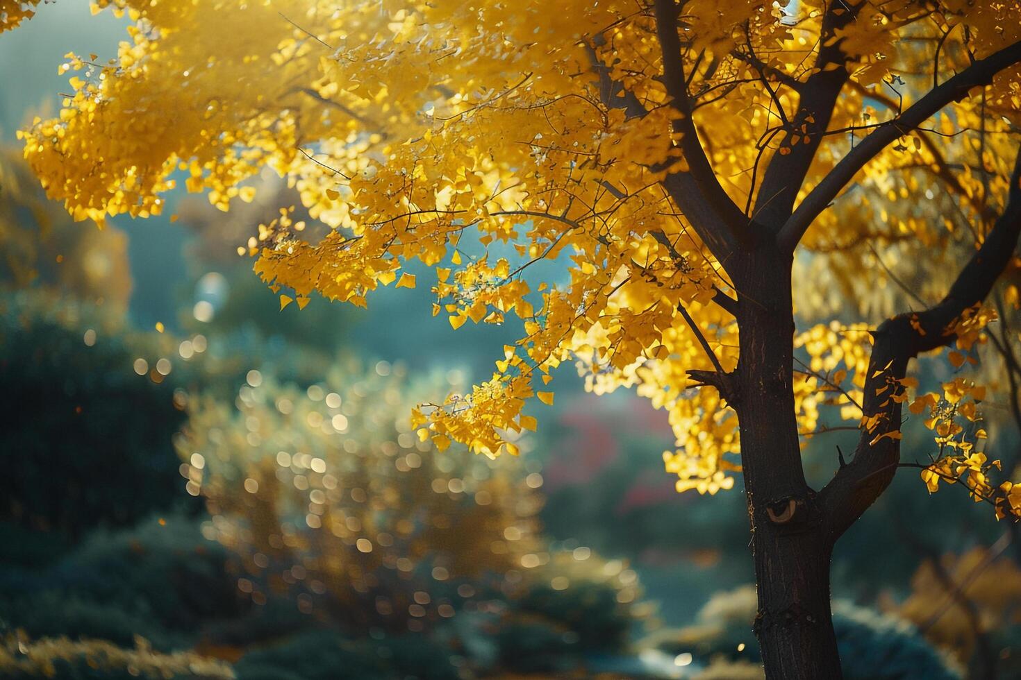 A Tree with Yellow Leaves in the Sun Background photo