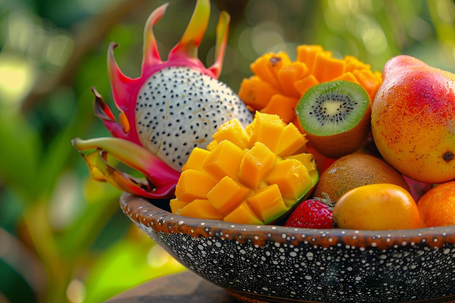 A Bowl of Fruit Sitting on a Table Background photo