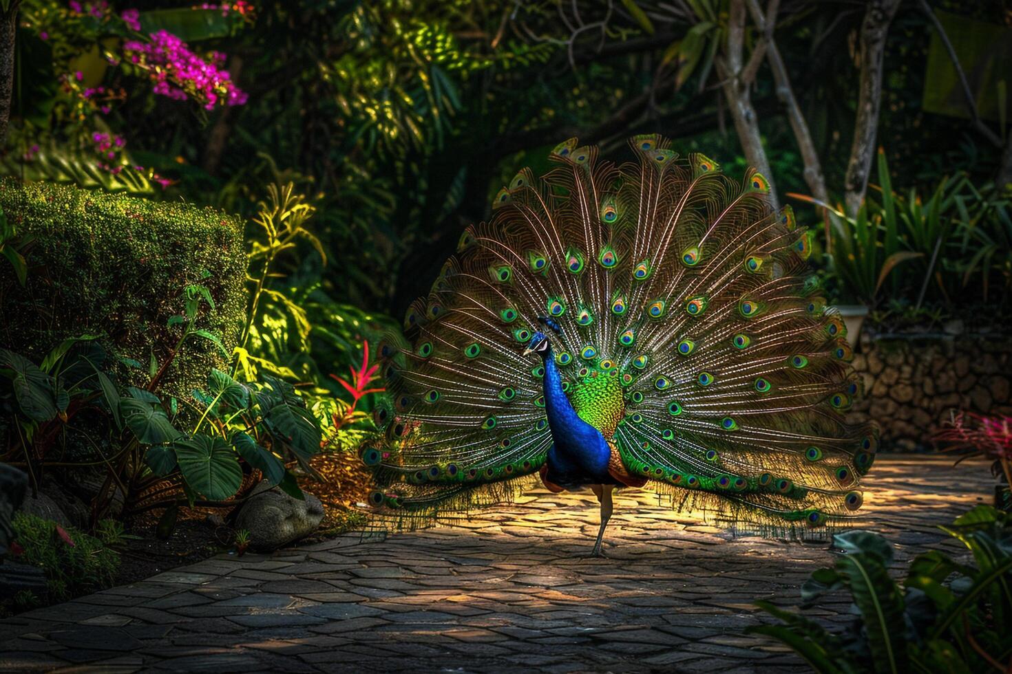 A Peacock Walking on a Paved Path Background photo