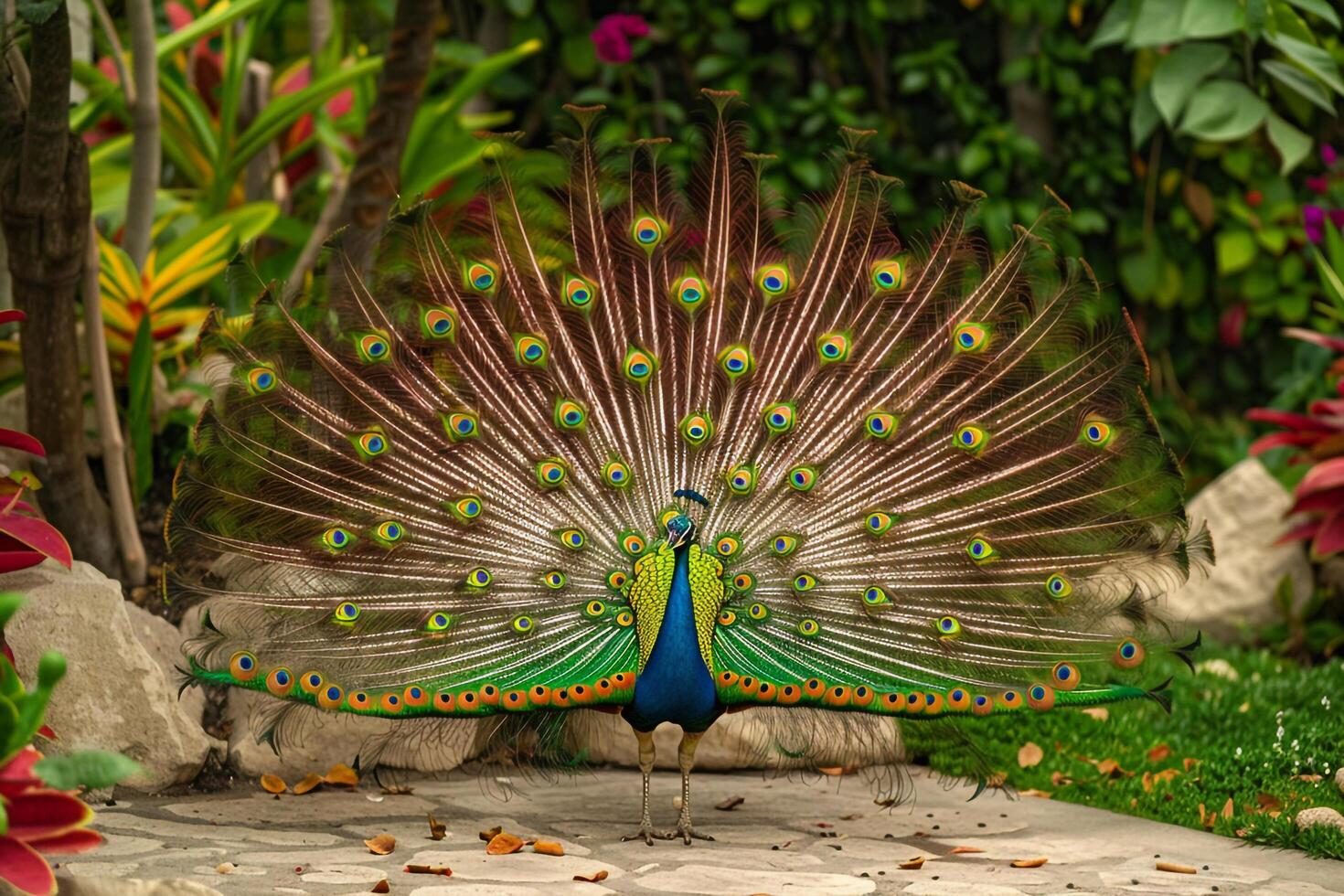 A Peacock Is Standing in a Garden Background photo