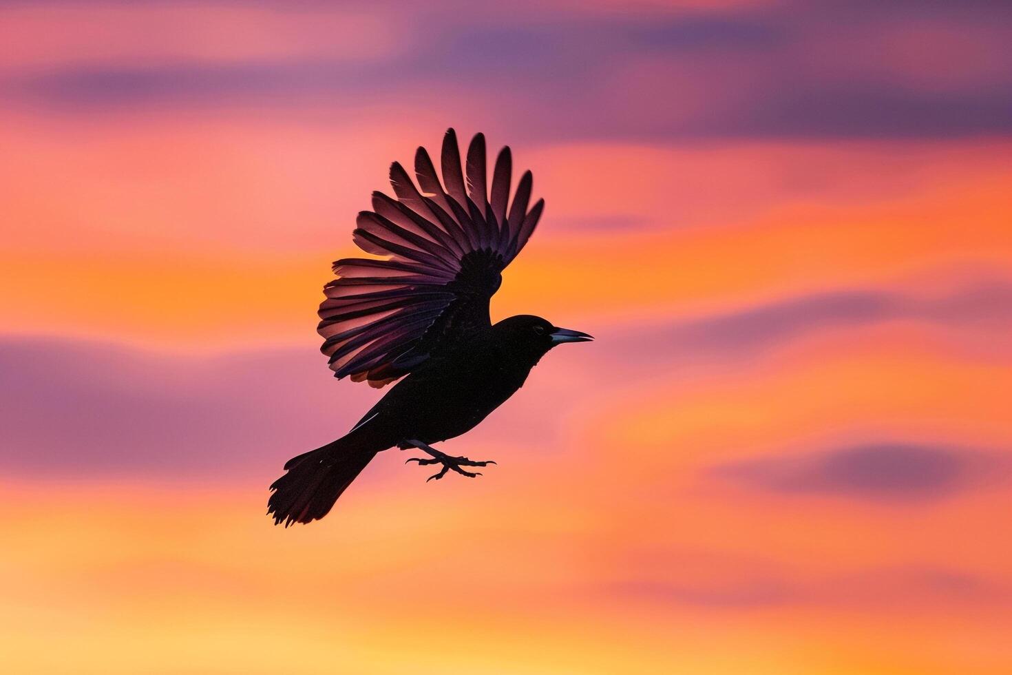 A Black Bird Flying in the Sky at Sunset Background photo