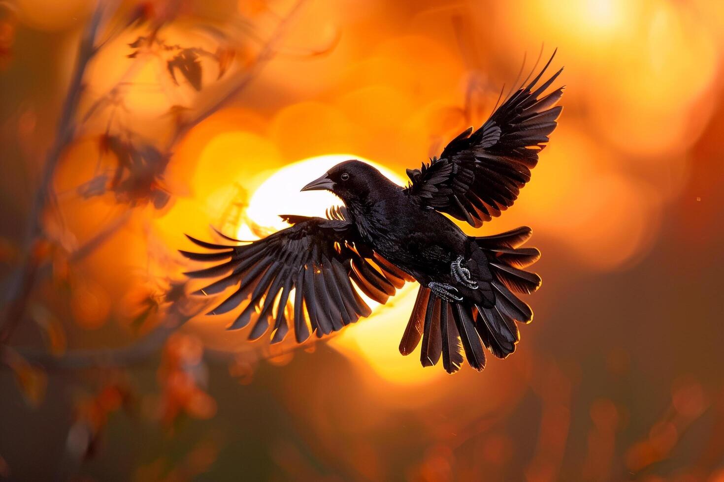 A Crow Flying in Front of a Sunset Background photo
