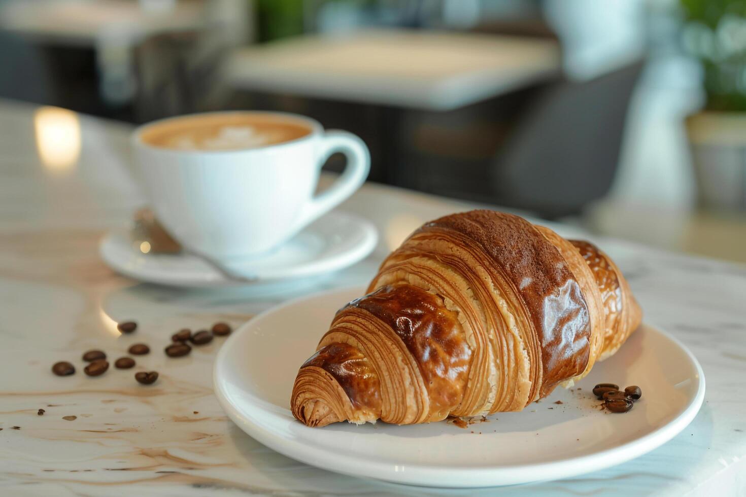 A Croissant on a Plate Next to a Cup of Coffee Background photo