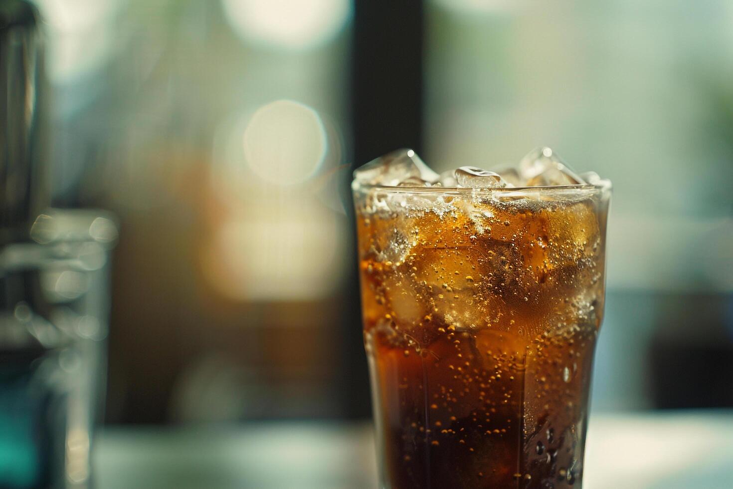 A Glass of Cola Sitting on a Table photo