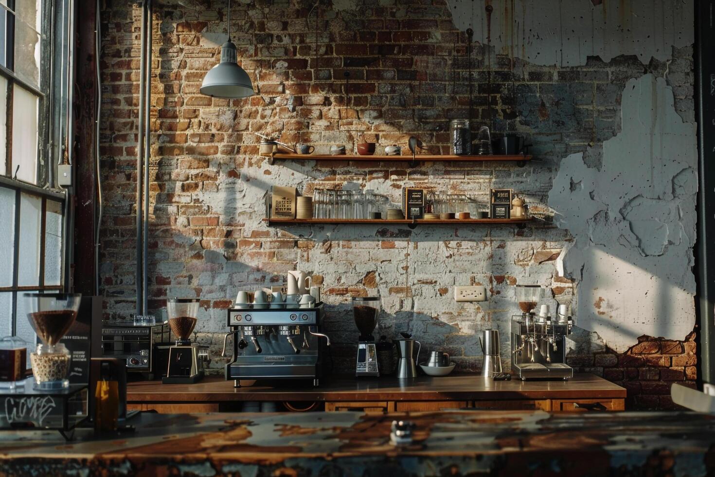 A Coffee Shop with a Rustic Brick Wall with Background photo
