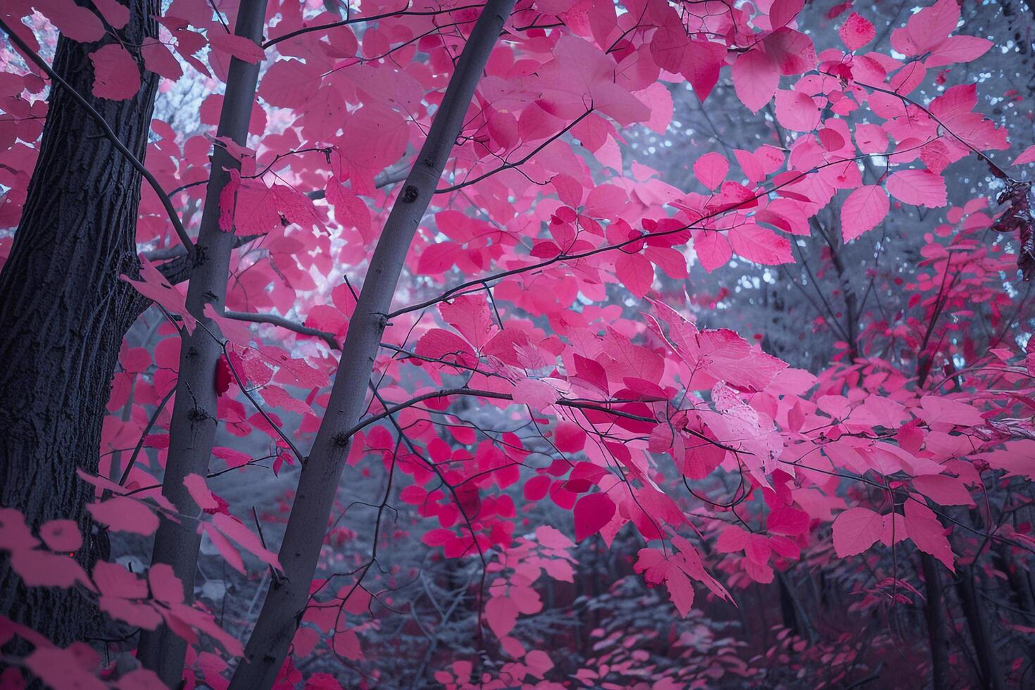 A Pink Tree with Leaves in the Woods with Background photo