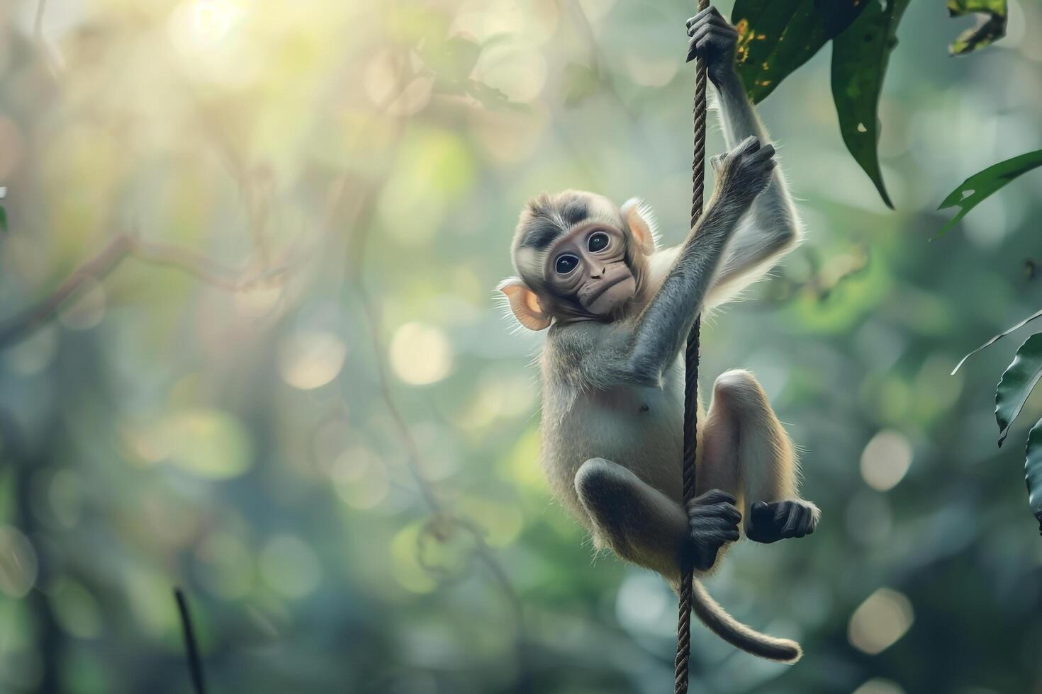 A Ba Monkey Hanging from a Tree Branch with Background photo