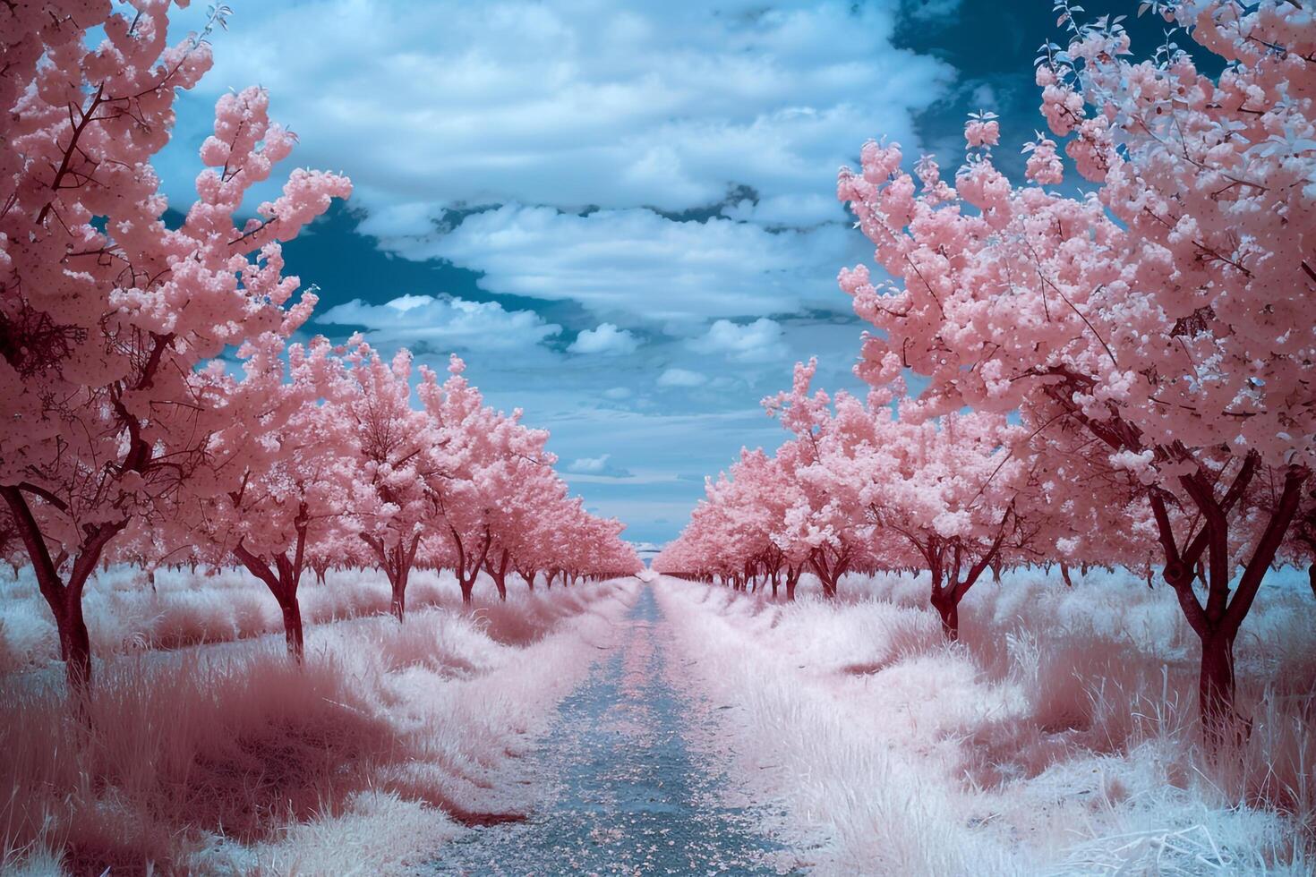 A Pink Tree Lined Road with Trees in the Background with Background photo