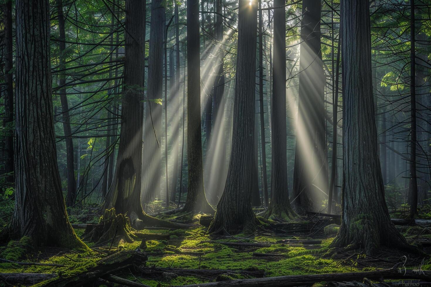 The Sun Shines Through the Trees in a Forest with Background photo