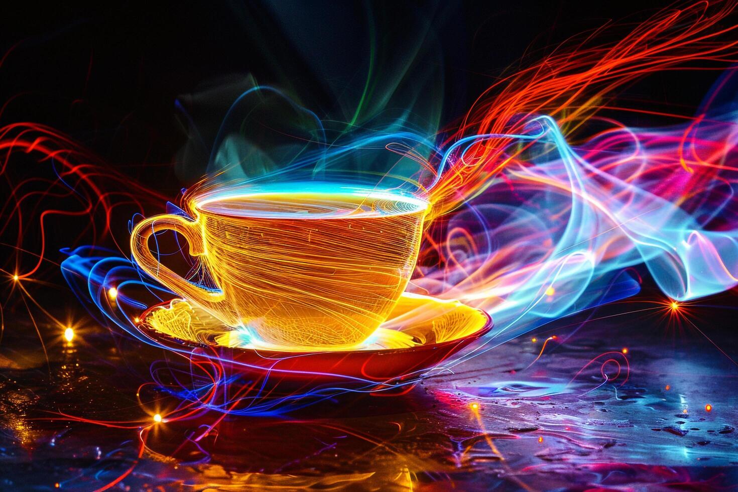 A Cup of Coffee with Colorful Smoke and Light with Background photo