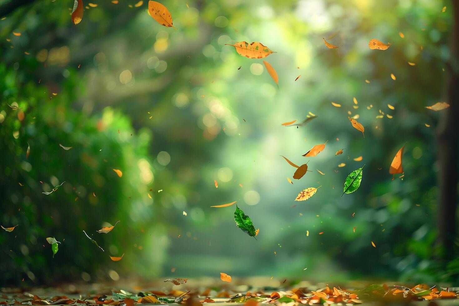 Falling Leaves in the Forest with Sunlight Shining Through Background photo