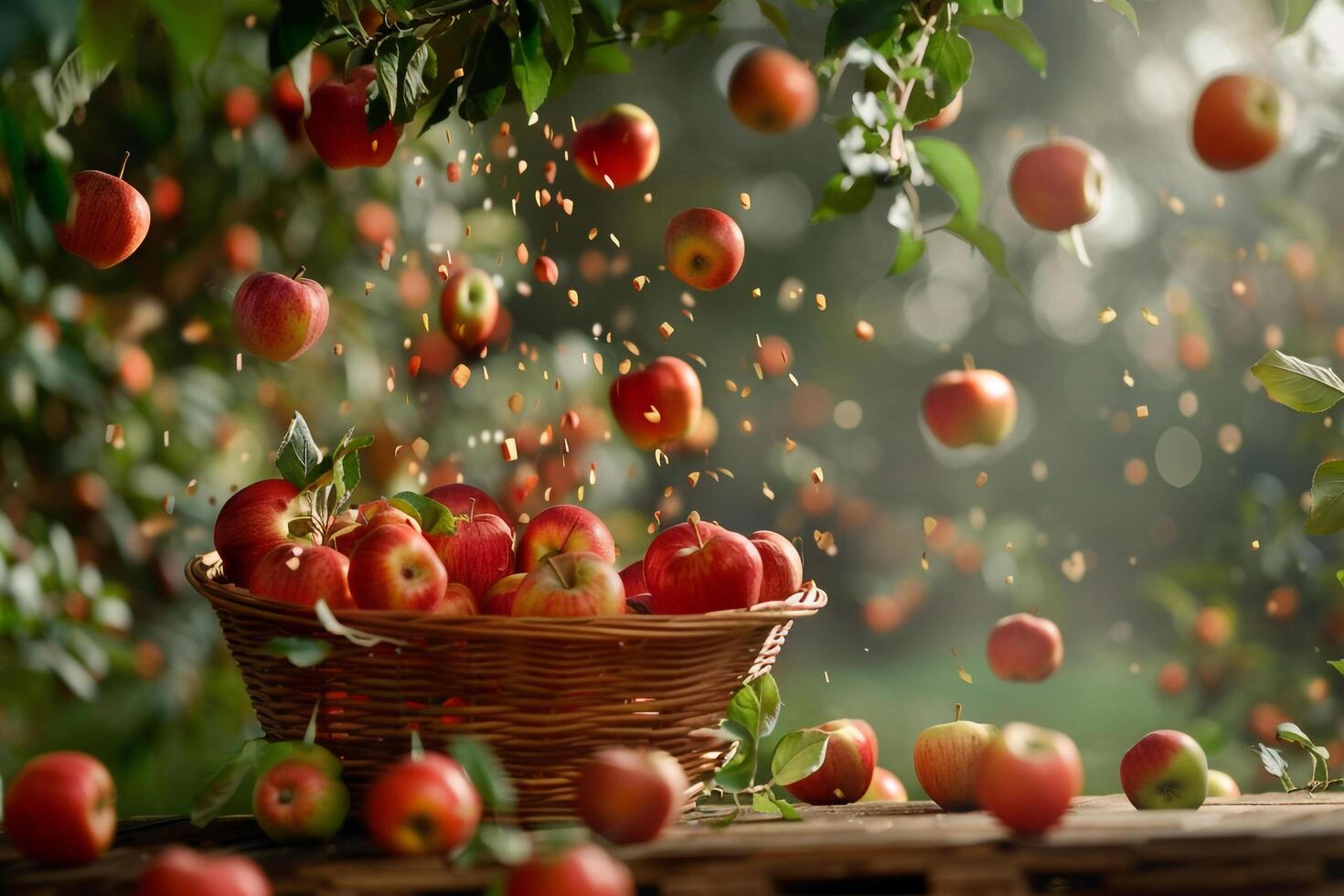 A Basket Full of Apples is on a Wooden Table Background photo