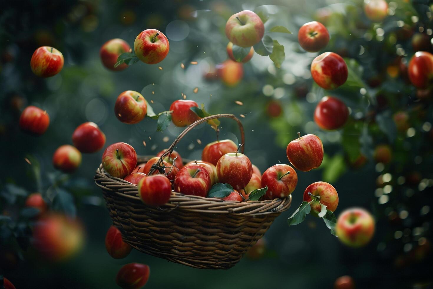 A Basket Full of Apples is Being Thrown into the Air Background photo