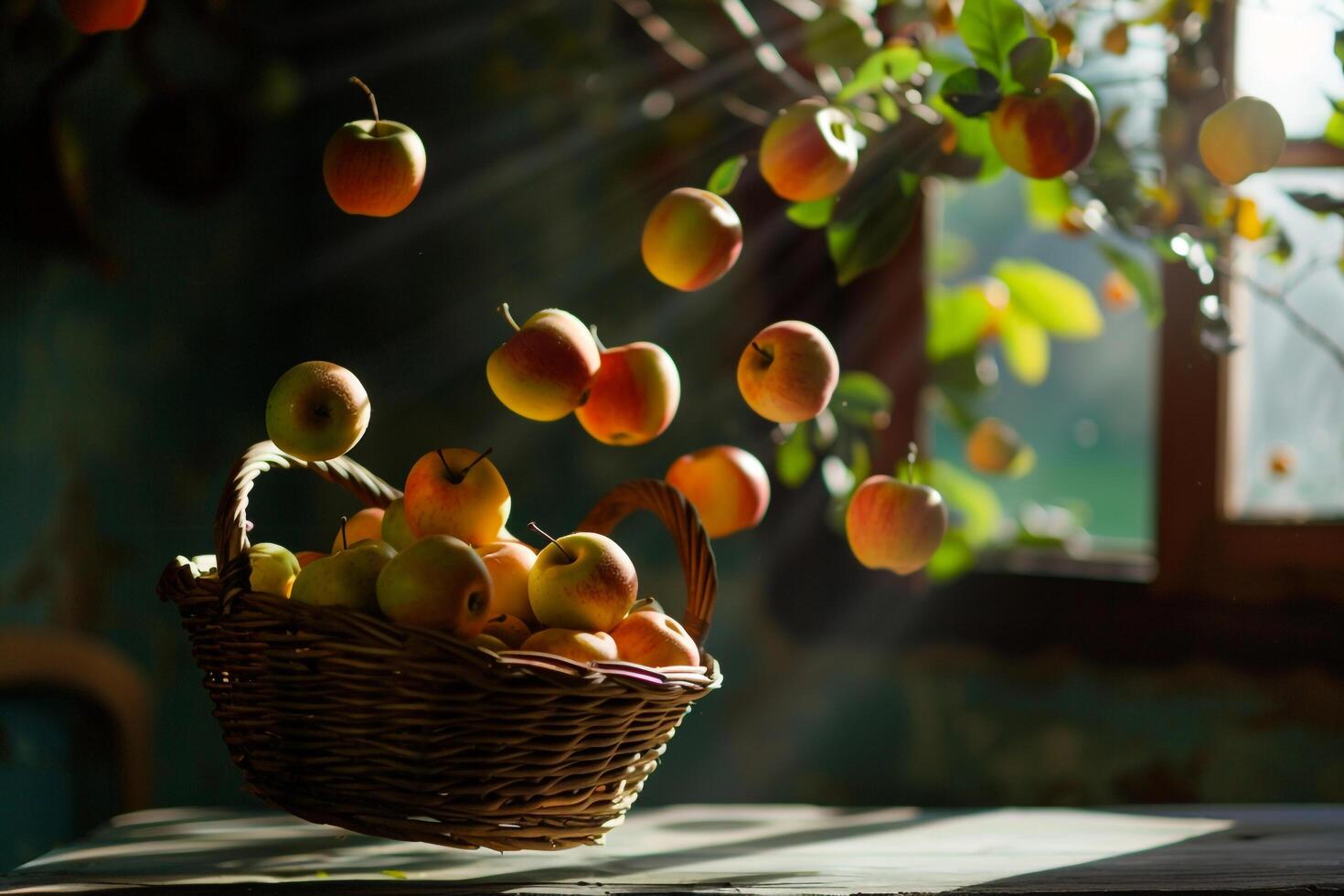 A Basket Filled with Apples on a Table Background photo