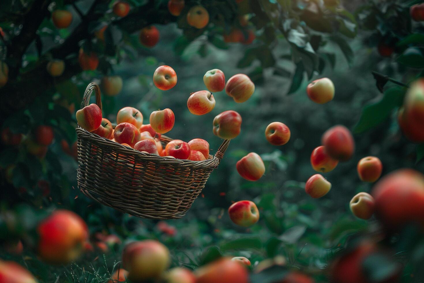 A Basket Full of Apples on a Tree Background photo