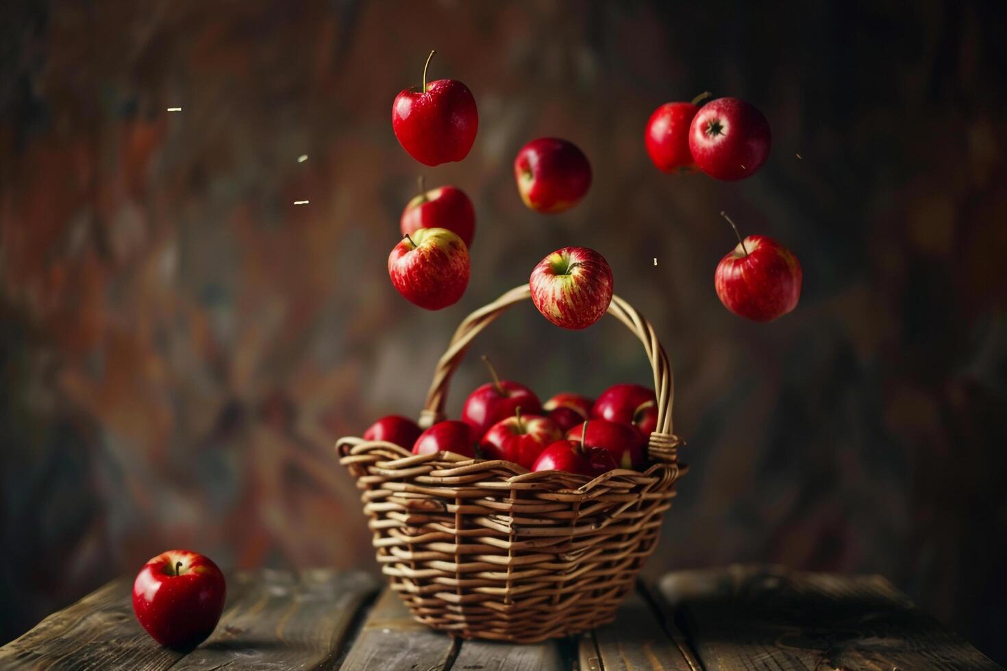 Red Apples in a Basket on a Wooden Table Background photo