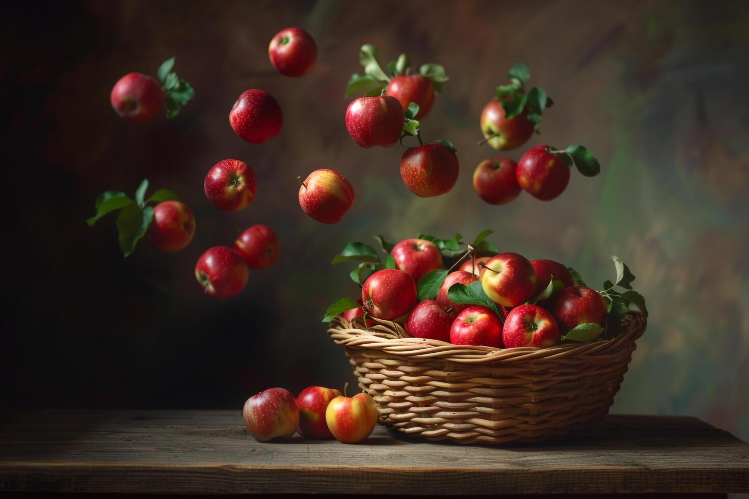 a basket full of apples on a table background photo