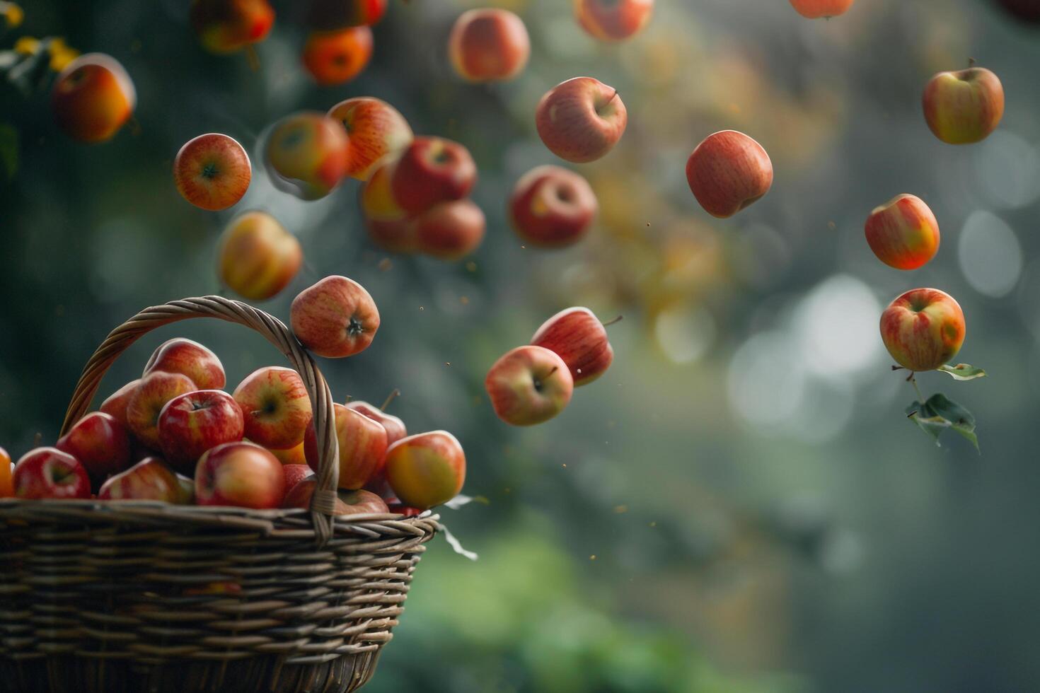 a basket full of apples on a tree background photo