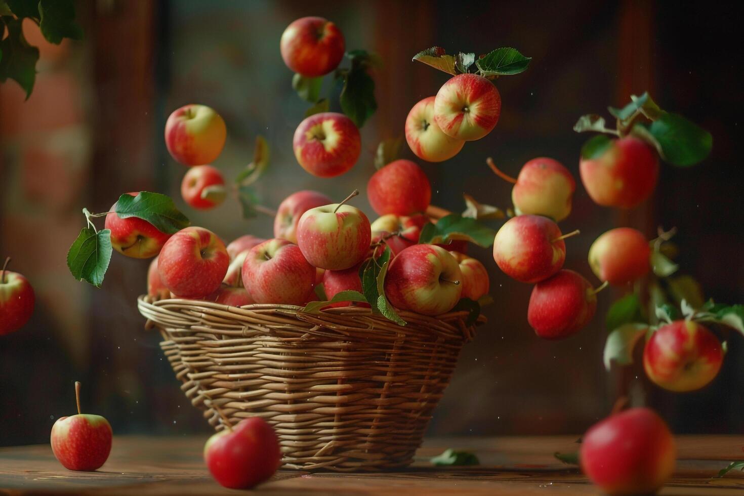 a basket full of apples on a table background photo