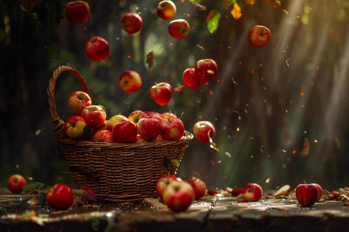 a basket full of apples on a table background photo