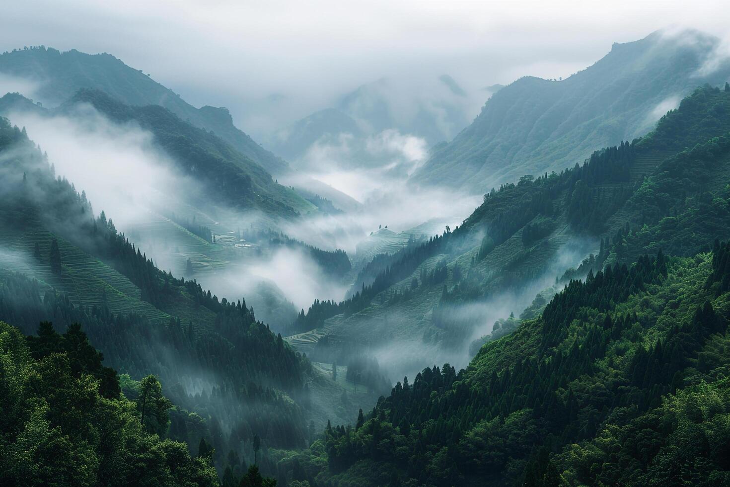 a green valley with trees and fog background photo