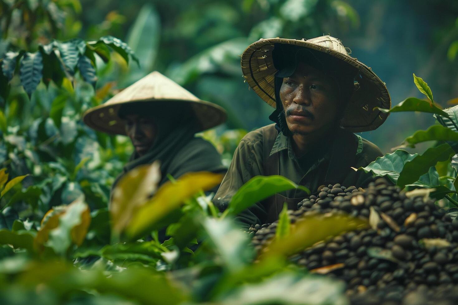 two men in hats working in a coffee plantation background photo