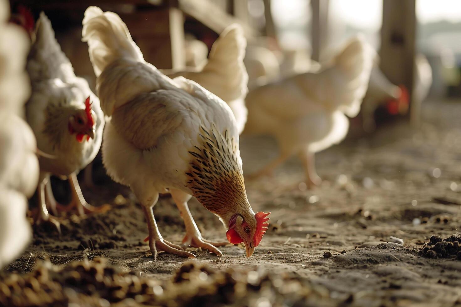 chickens in a barn eating from the ground with nature background photo