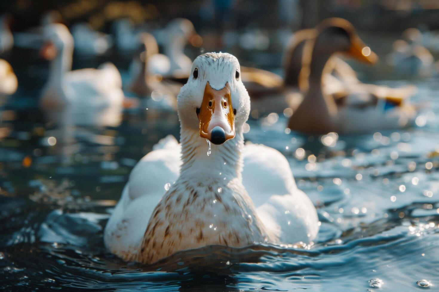 a white duck swimming in a lake with other ducks with nature background photo