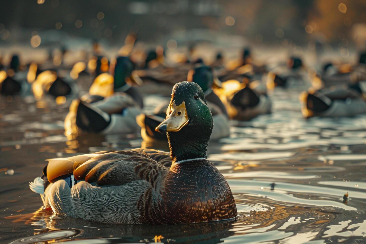 a duck swimming in a lake with nature background photo
