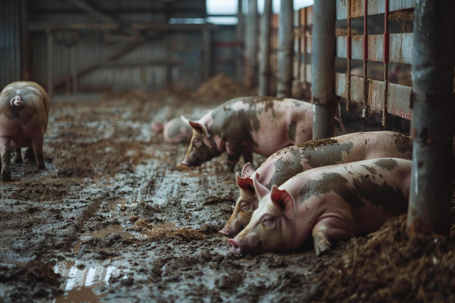 pigs in a barn eating from the mud with nature background photo
