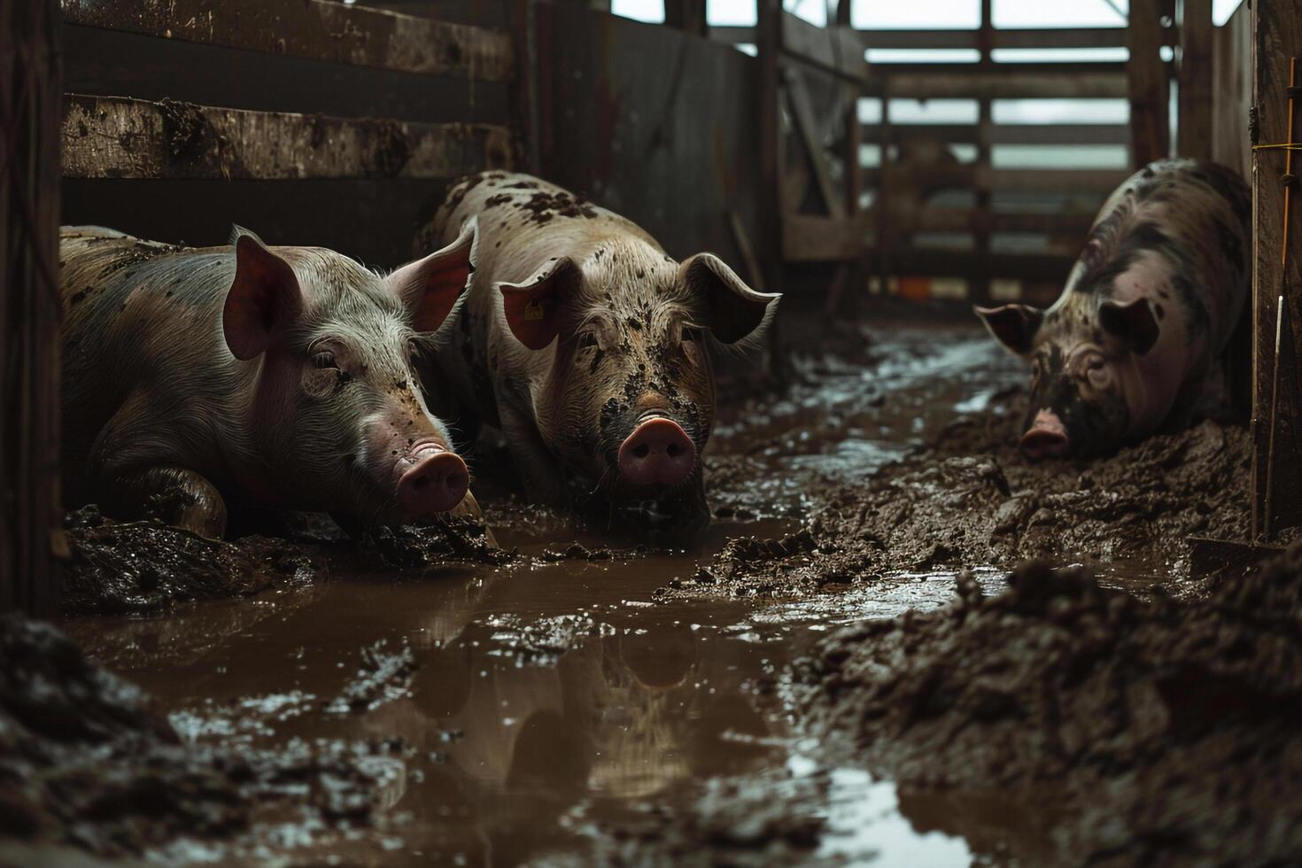 three pigs are standing in a muddy stall with nature background photo