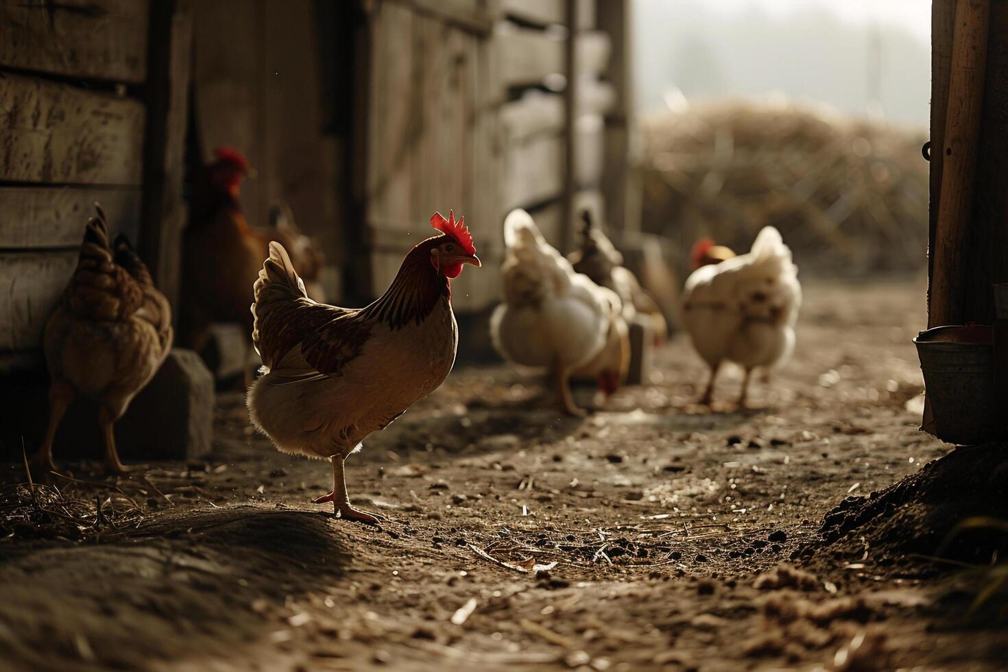 a group of chickens walking in a dirt area with nature background photo