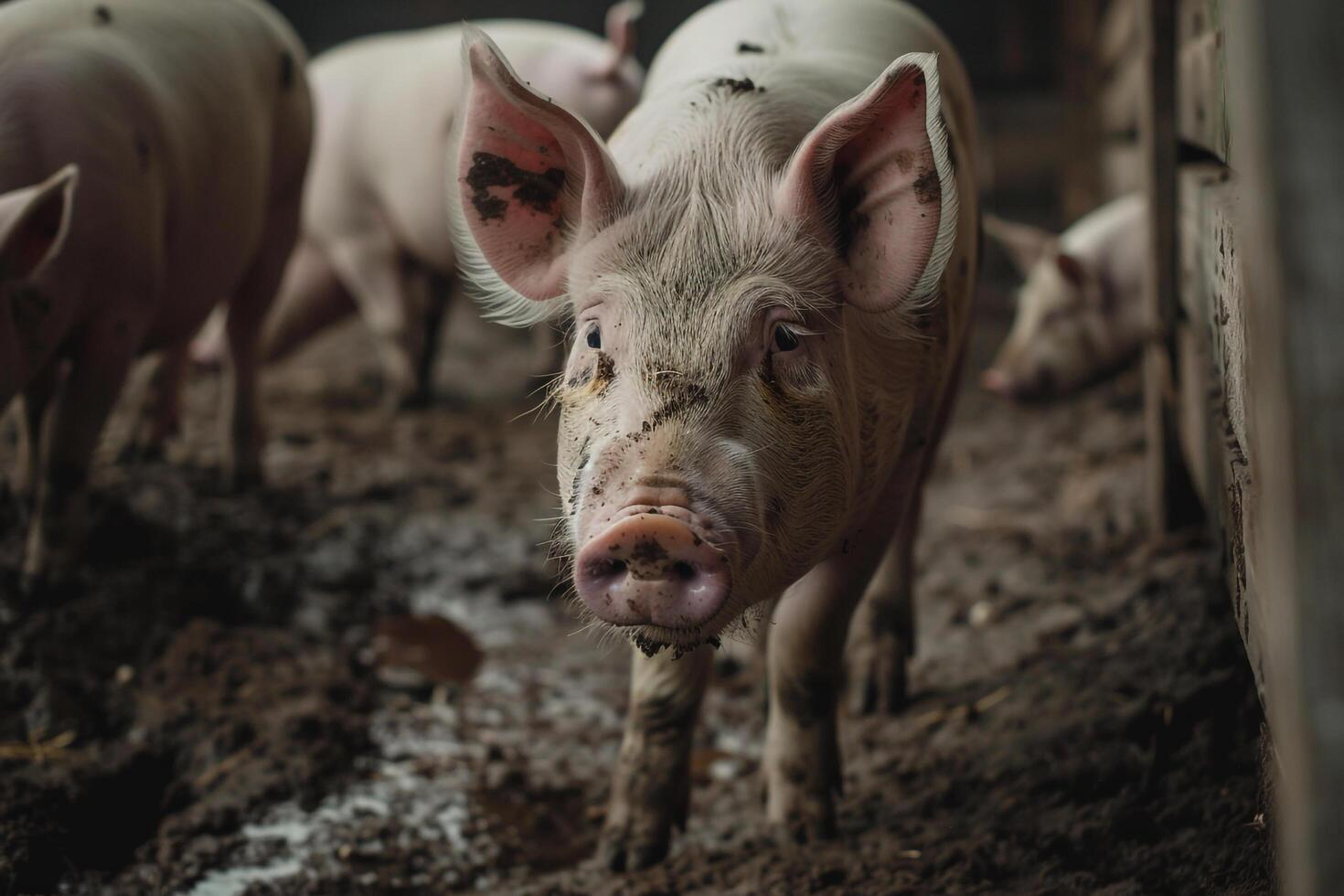 pigs in a pen with nature background photo