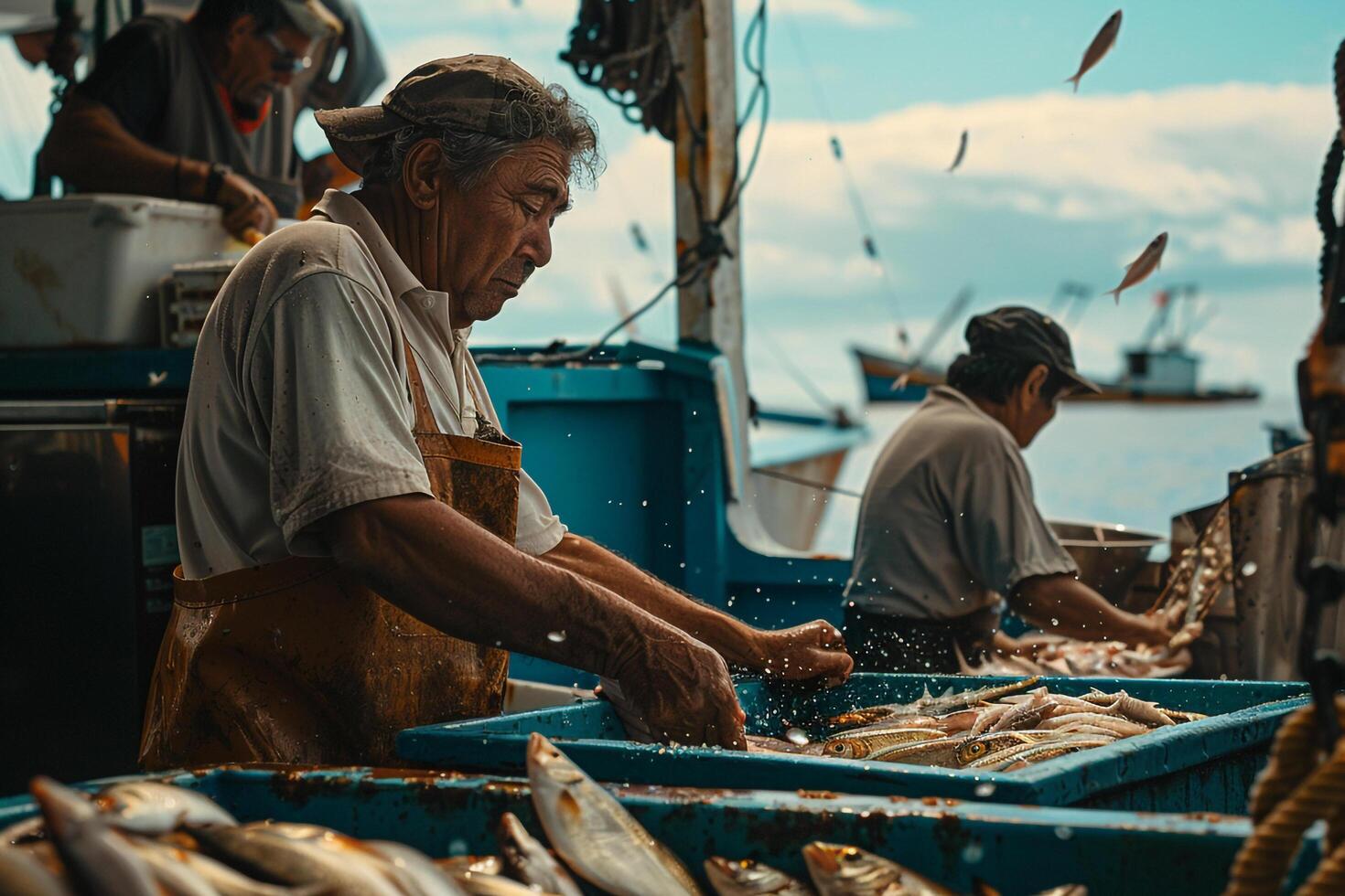 a man is preparing fish on a boat with nature background photo