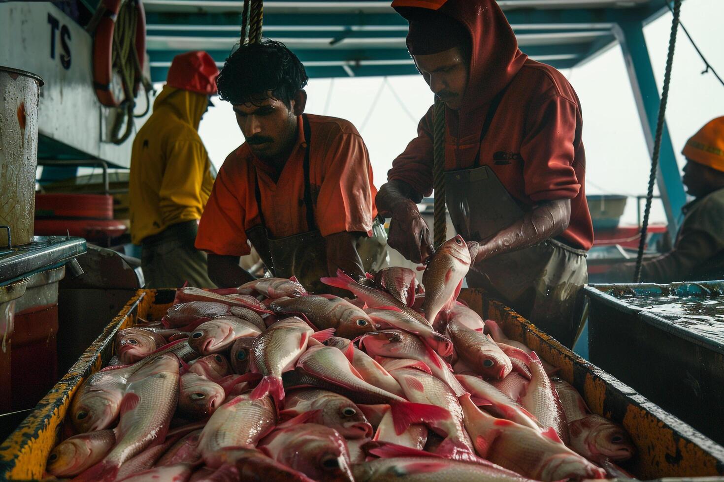 two men are working on a large container of fish with nature background photo