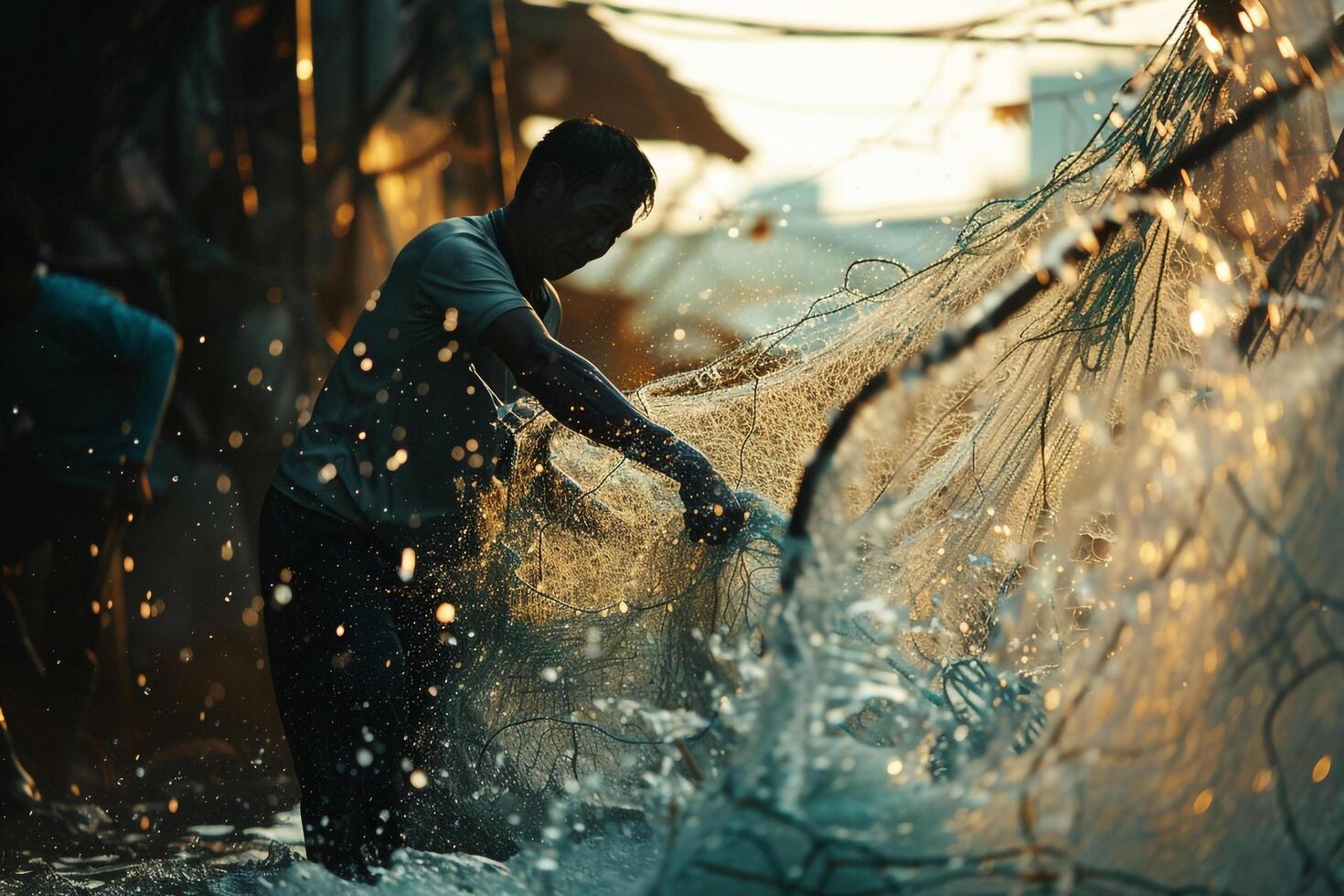 a man is throwing a net into the water with nature background photo