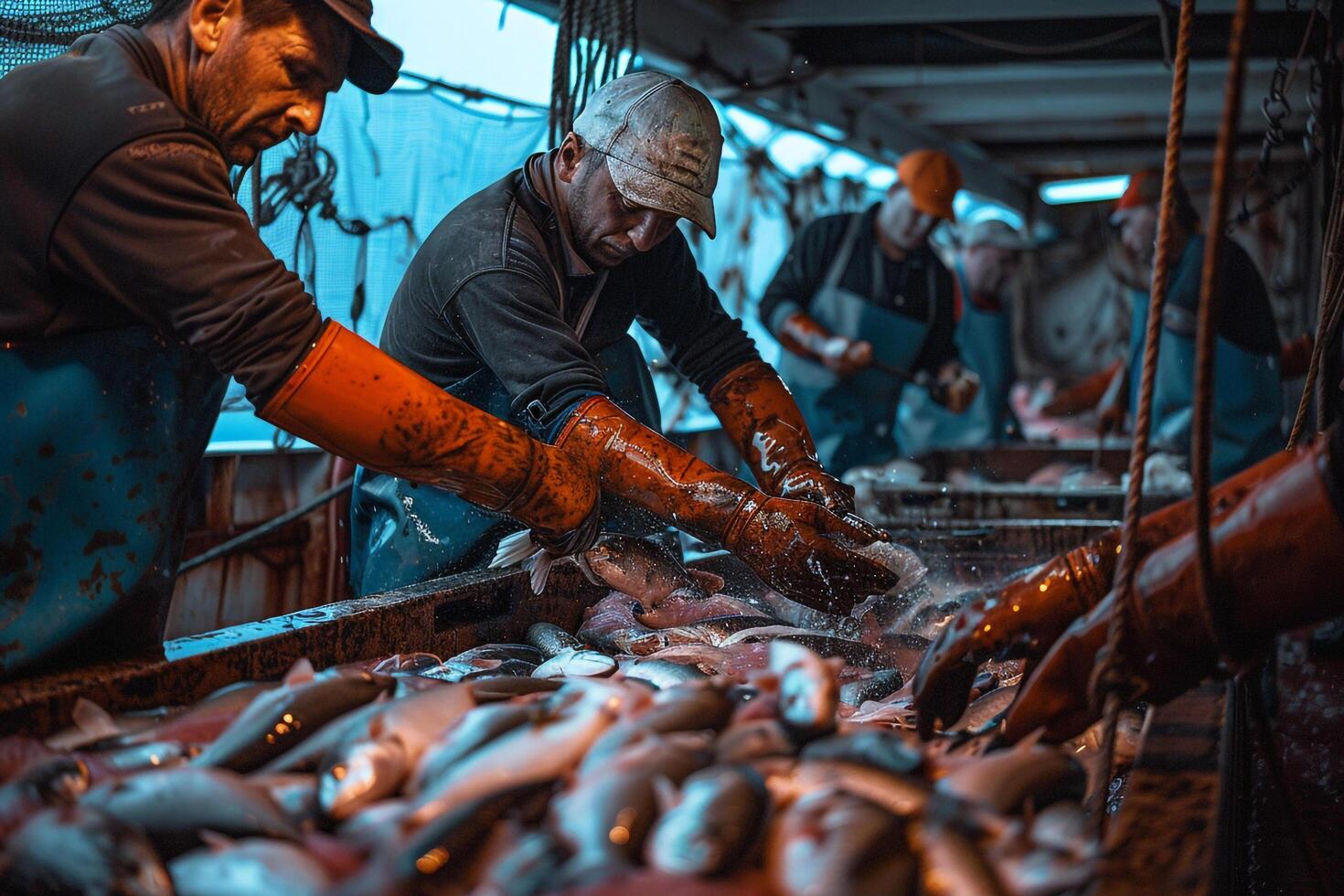 men in blue shirts and gloves are working on fish with nature background photo