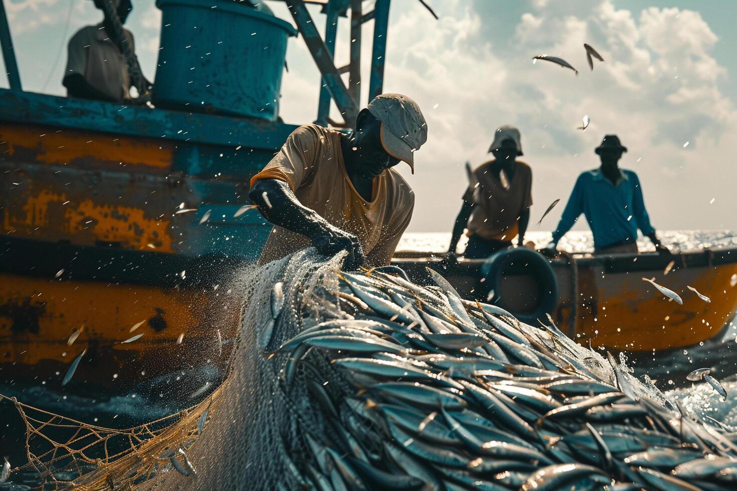 fishermen in the ocean with a net full of fish with nature background photo