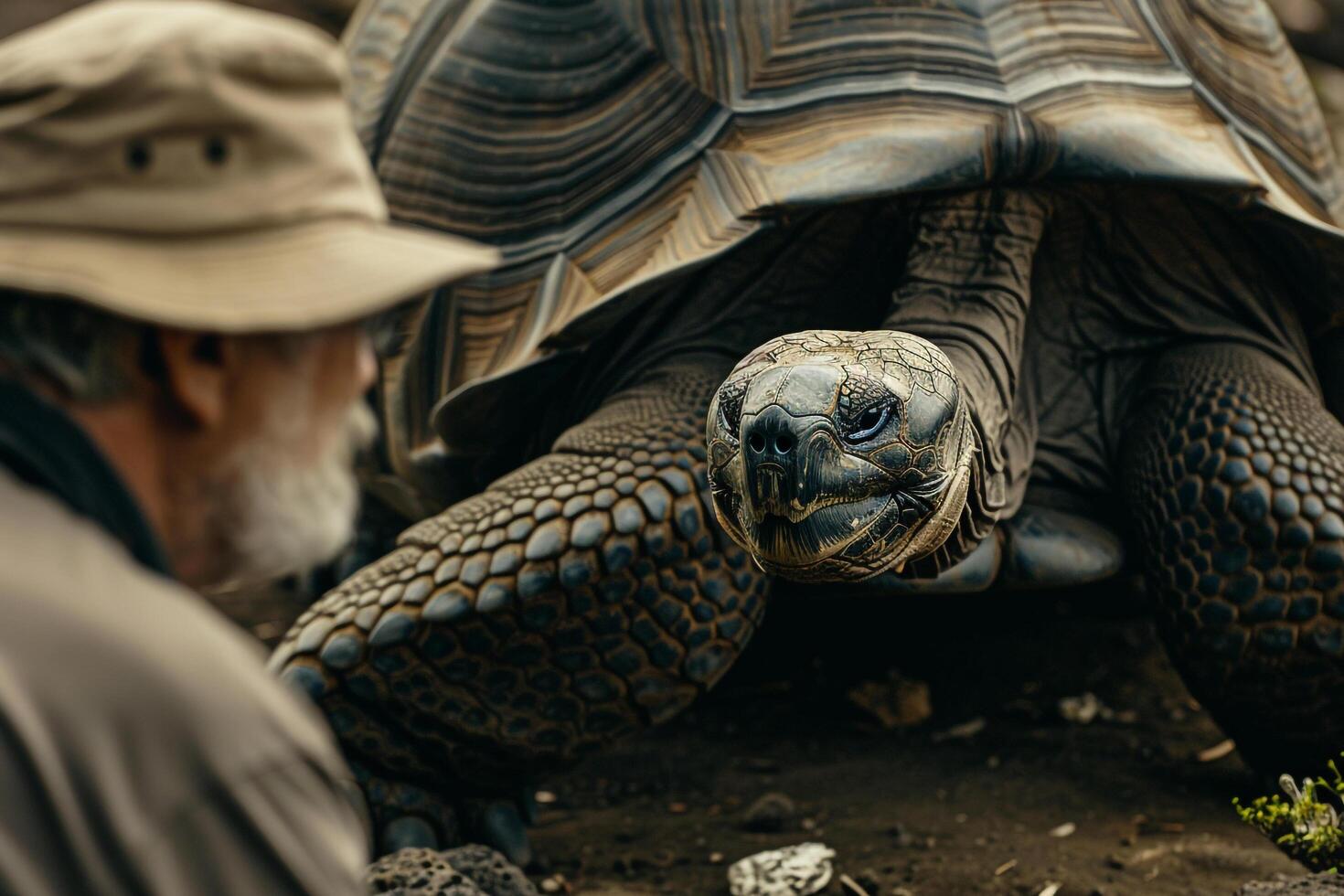 a man is looking at a large tortoise with nature background photo
