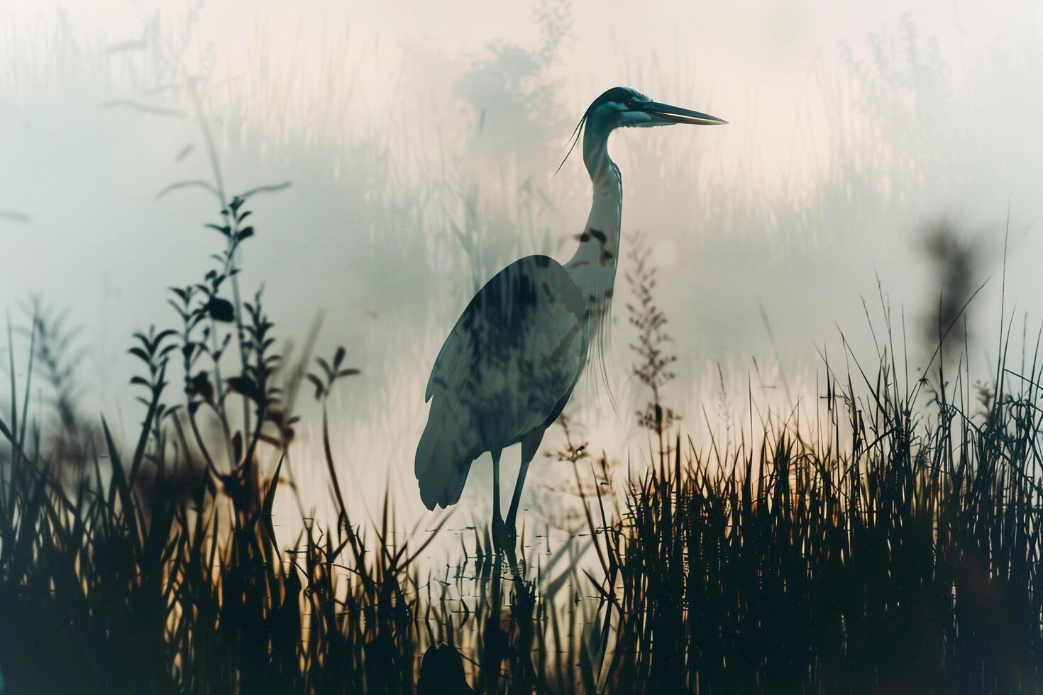 a heron stands in the water at sunrise with nature background photo