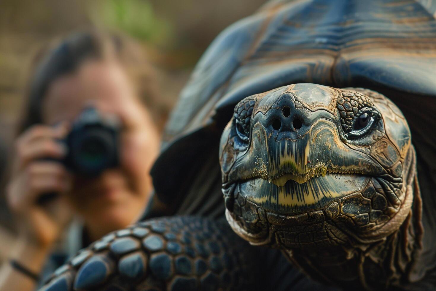 a woman taking a photo of a tortoise with nature background
