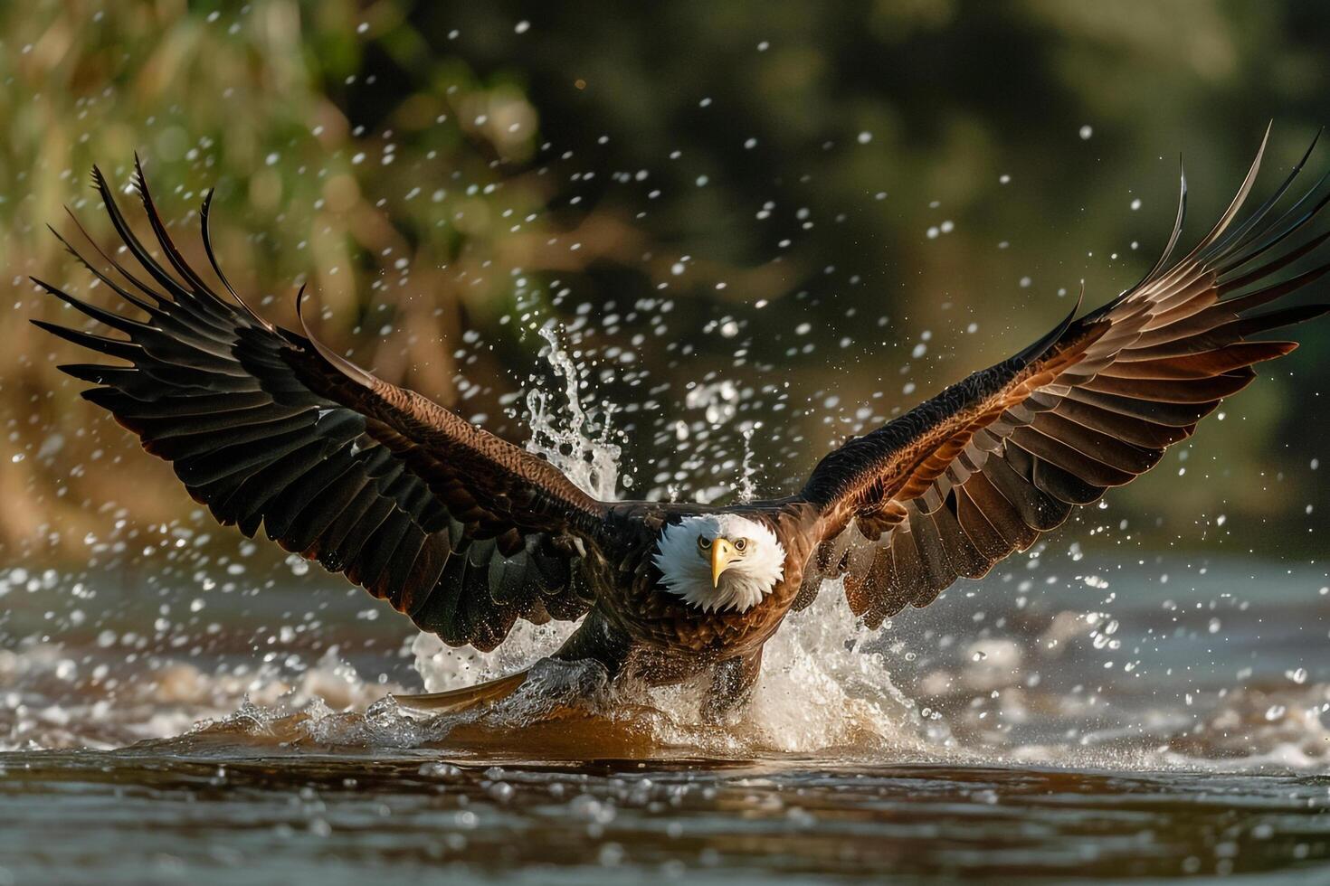 a bald eagle spreads its wings as it takes off from the water photo
