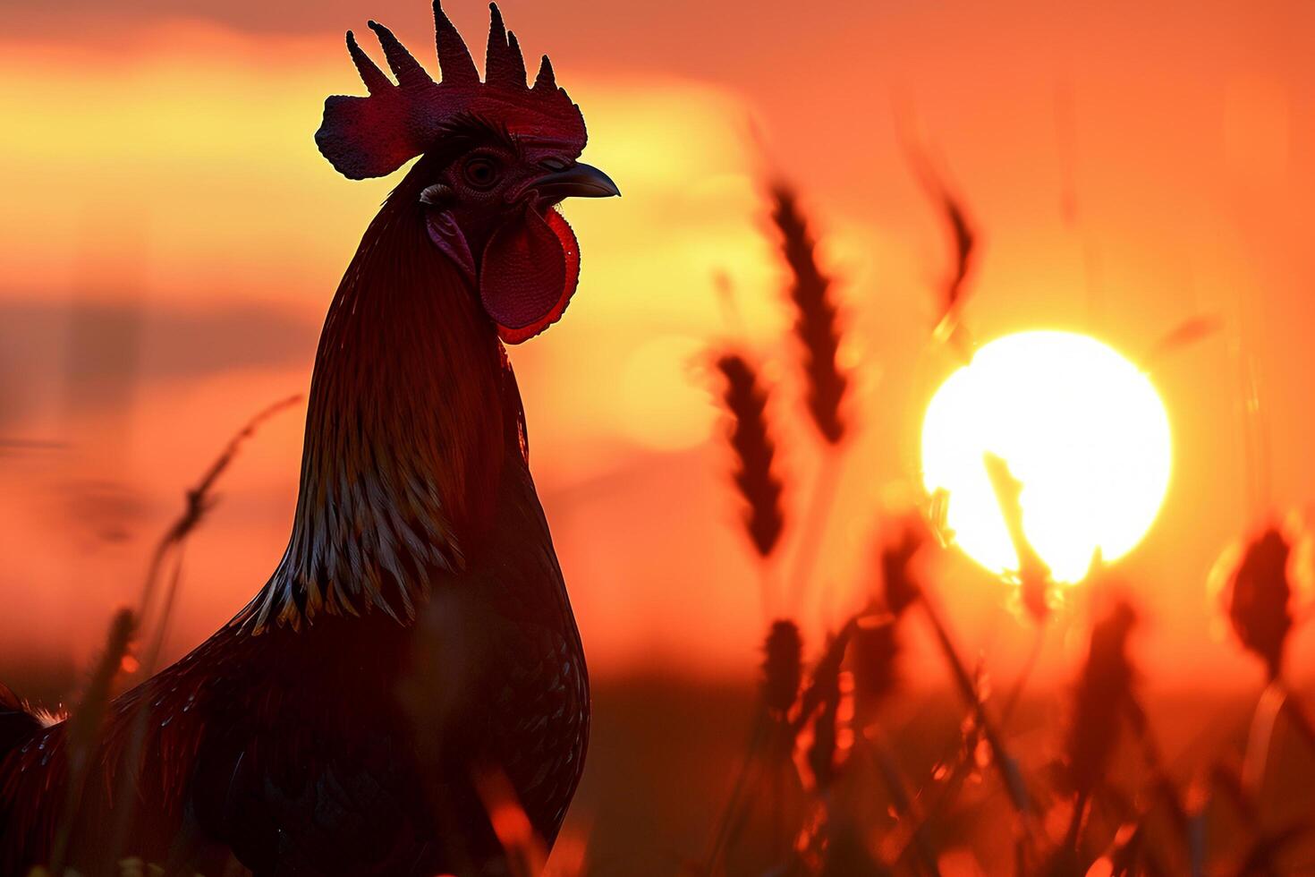 a rooster is standing in a field with a sunset in the background photo
