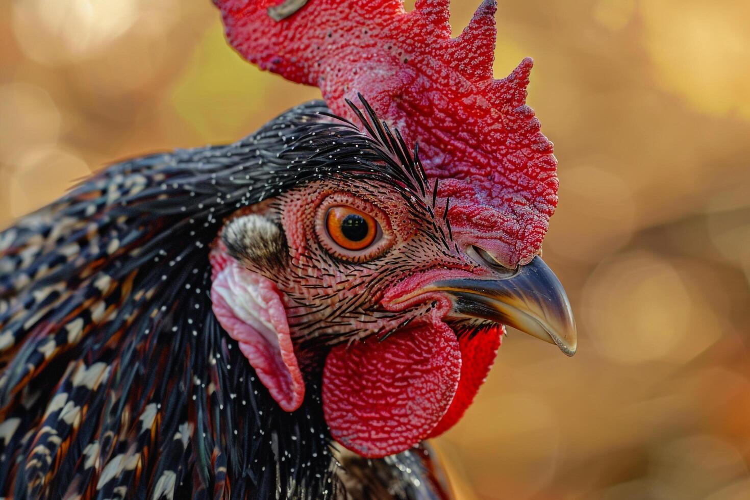 a  of a rooster with a red and black head photo