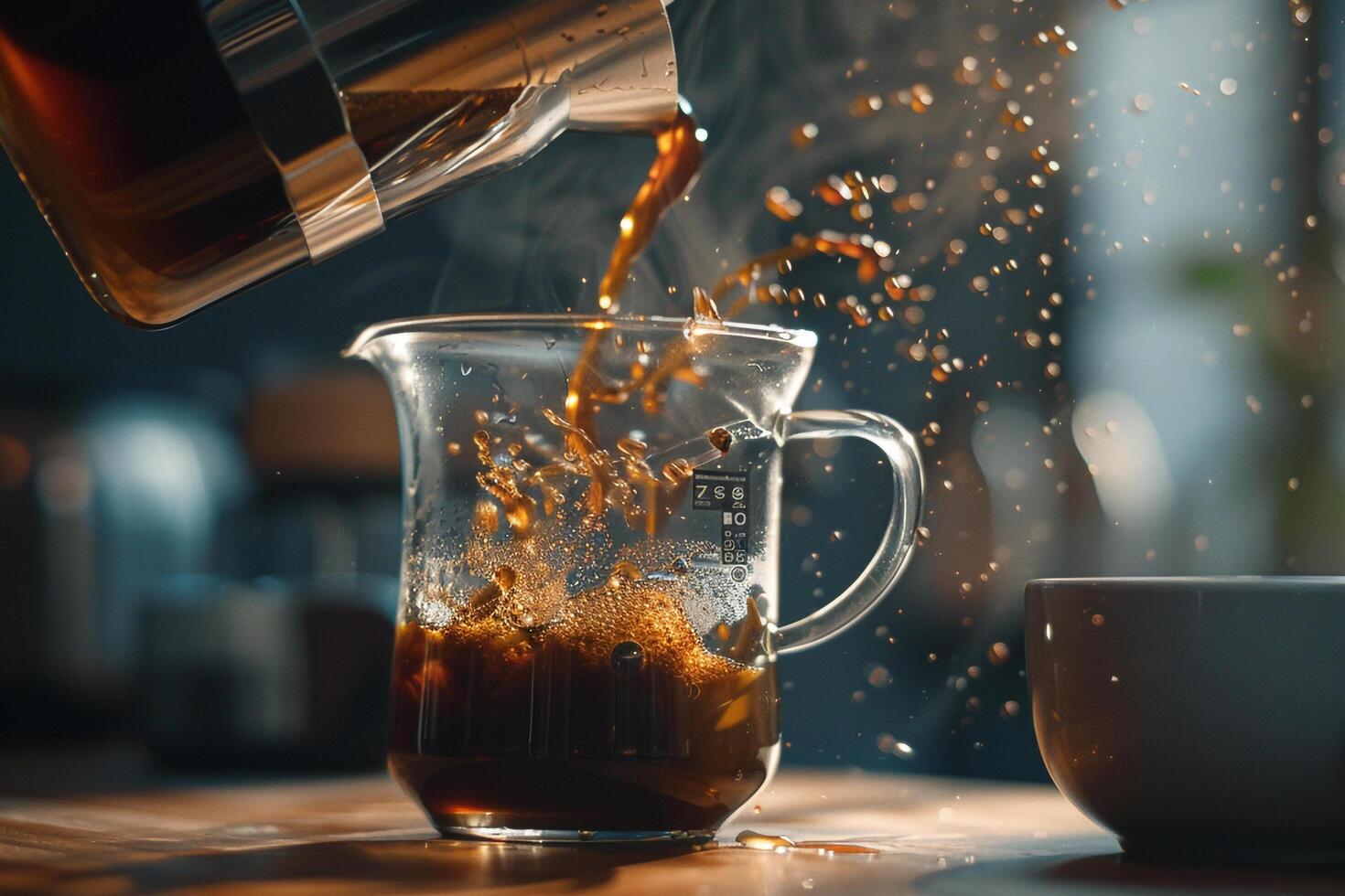 Coffee Pot Pouring Coffee into a Glass Background photo