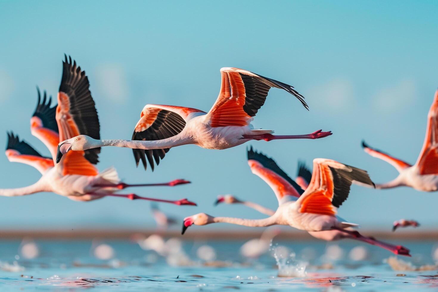 Flamingos Flying over the Water in a Lake Background photo
