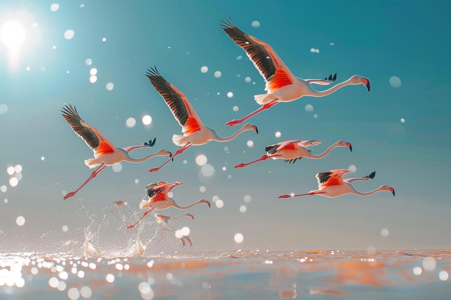 Flamingos Flying over the Water with Sun Rays Background photo