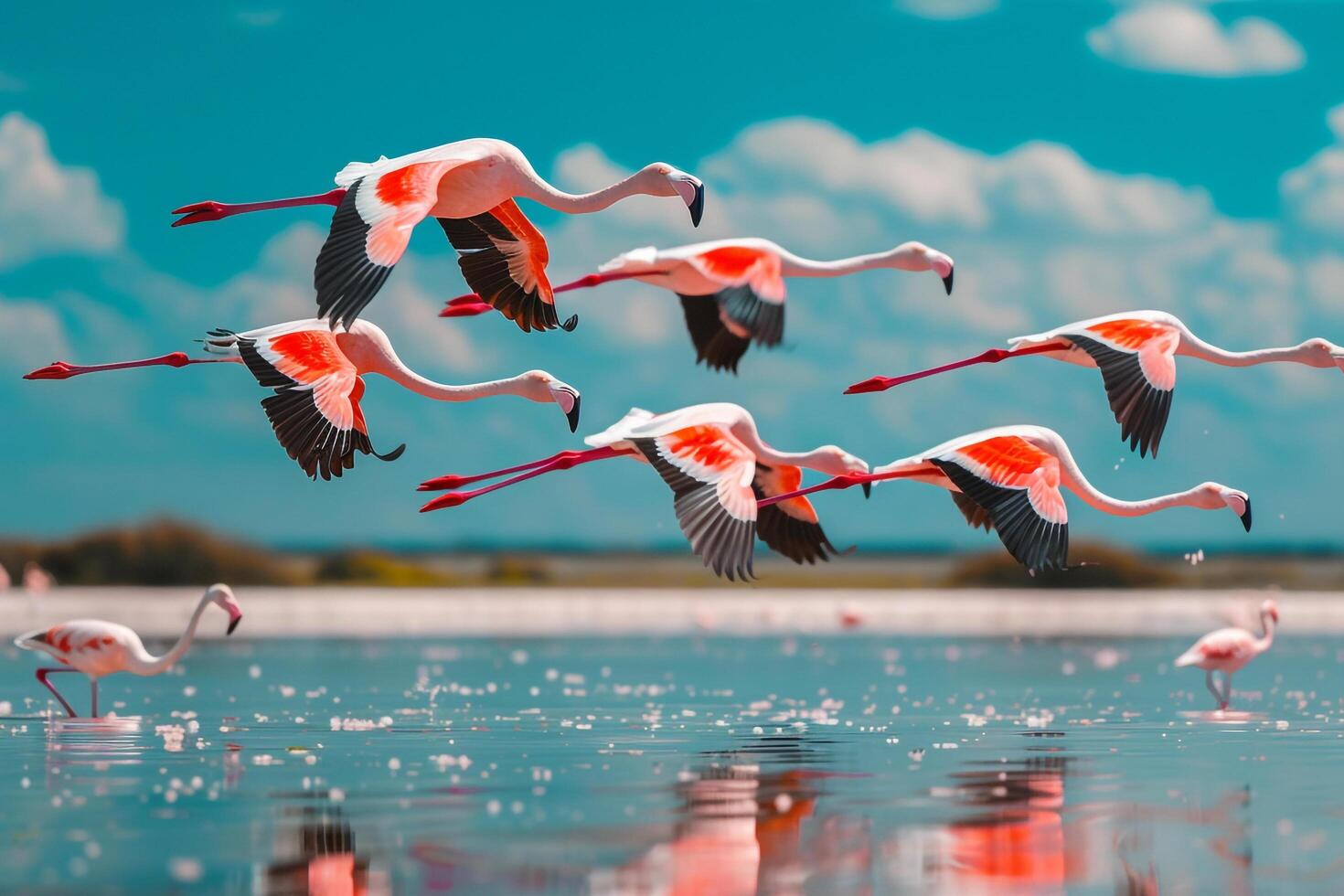 Flamingos Flying over Water in a Lake Background photo