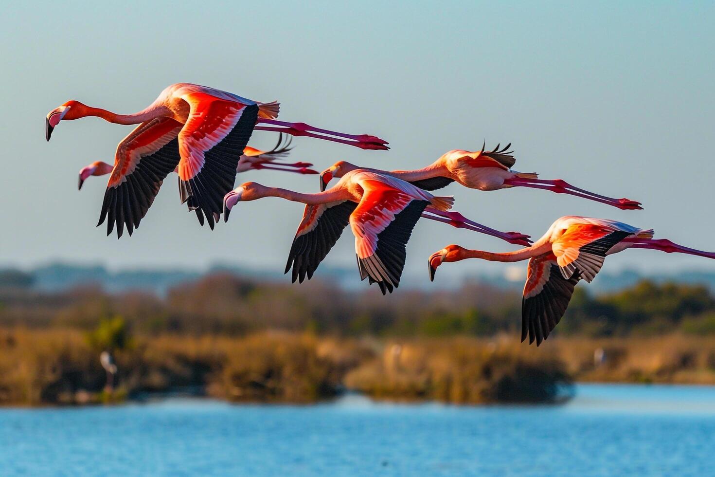 Group of Flamingos Flying over a Body of Water Background photo