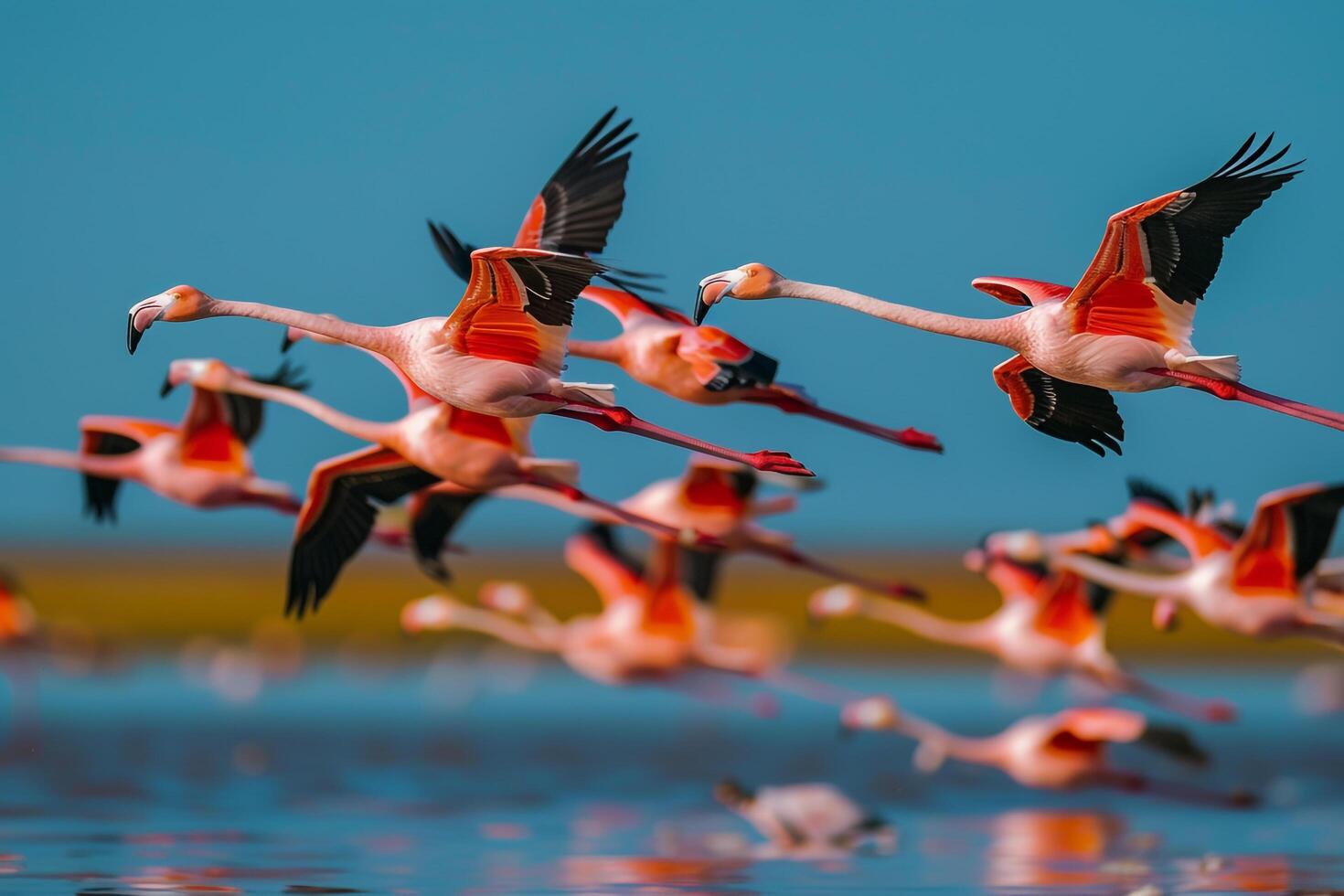 Flock of Flamingos Flying over a Body of Water Background photo